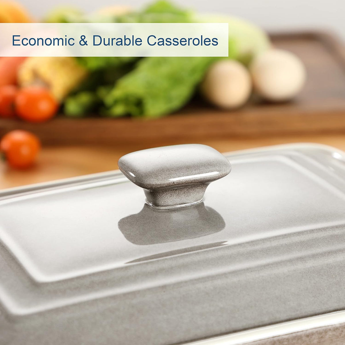 LOVECASA 4.5 Quart Ceramic Casserole Dish with Lid, 9x13 Baking Dish for Oven, Lasagna Pan Deep with Handles, Stoneware Bakeware, Oven & Dishwasher Safe, Grey