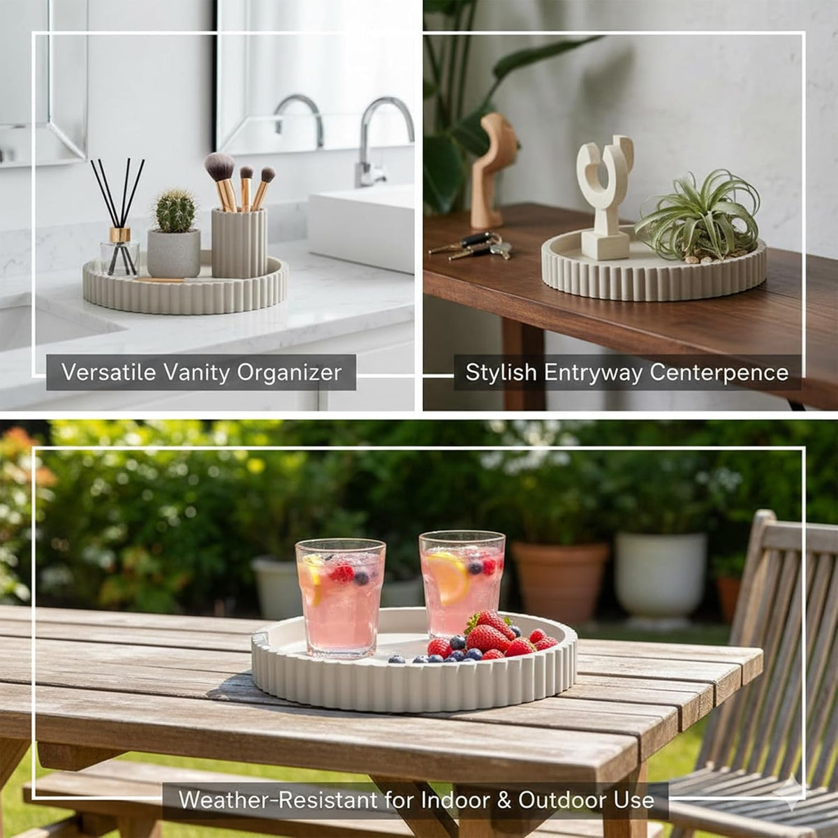 Round Solid Concrete Tray, Fluted Centerpiece for Coffee Table Decor 13"