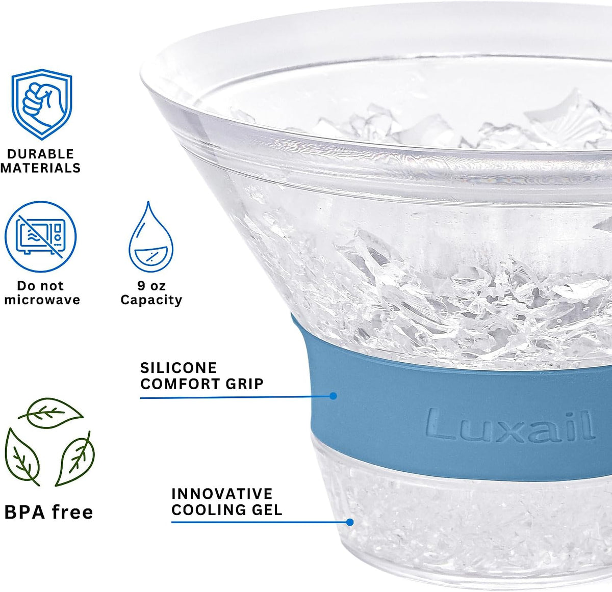 Martini Glasses, Plastic Reusable Insulated Freeze Martini Cooling Cups, Gel Chiller, Double Wall Stemless Martini Glasses Set of 2, 9 Oz Capacity, Martini Gifts, 2 Reusable Cocktail Straws