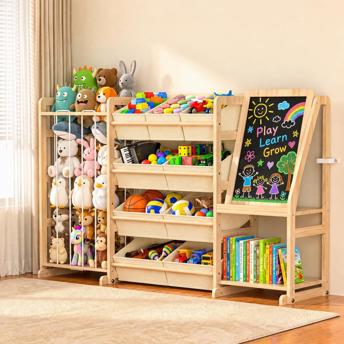 Multifunctional Toy Storage Organizer with Chalkboard: 4-in-1 Design