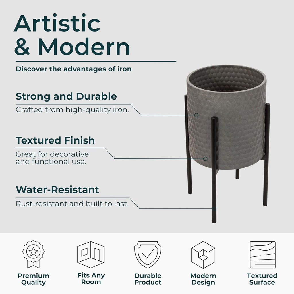 Decorative Flower Pots with Metal Stand for Home Decor - Modern Planters for Hallway, Entryway, and Living Room Decor - Indoor and Outdoor Pots for Plants - Set of 2, 23", 19", Gray & Black