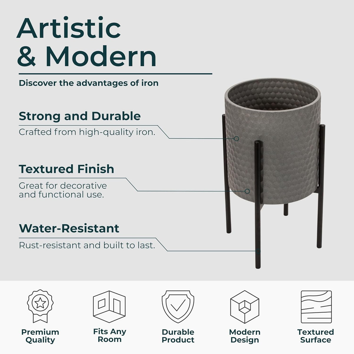 Decorative Flower Pots with Metal Stand for Home Decor - Modern Planters for Hallway, Entryway, and Living Room Decor - Indoor and Outdoor Pots for Plants - Set of 2, 23", 19", Gray & Black