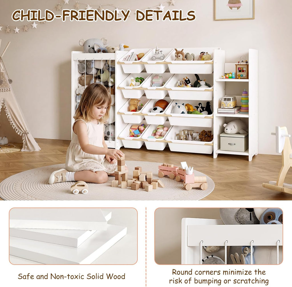 3-in-1 Kids Toy Storage Organizer, White Solid Wood, White Bins