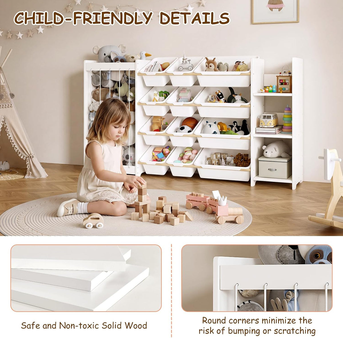 3-in-1 Kids Toy Storage Organizer, White Solid Wood, White Bins