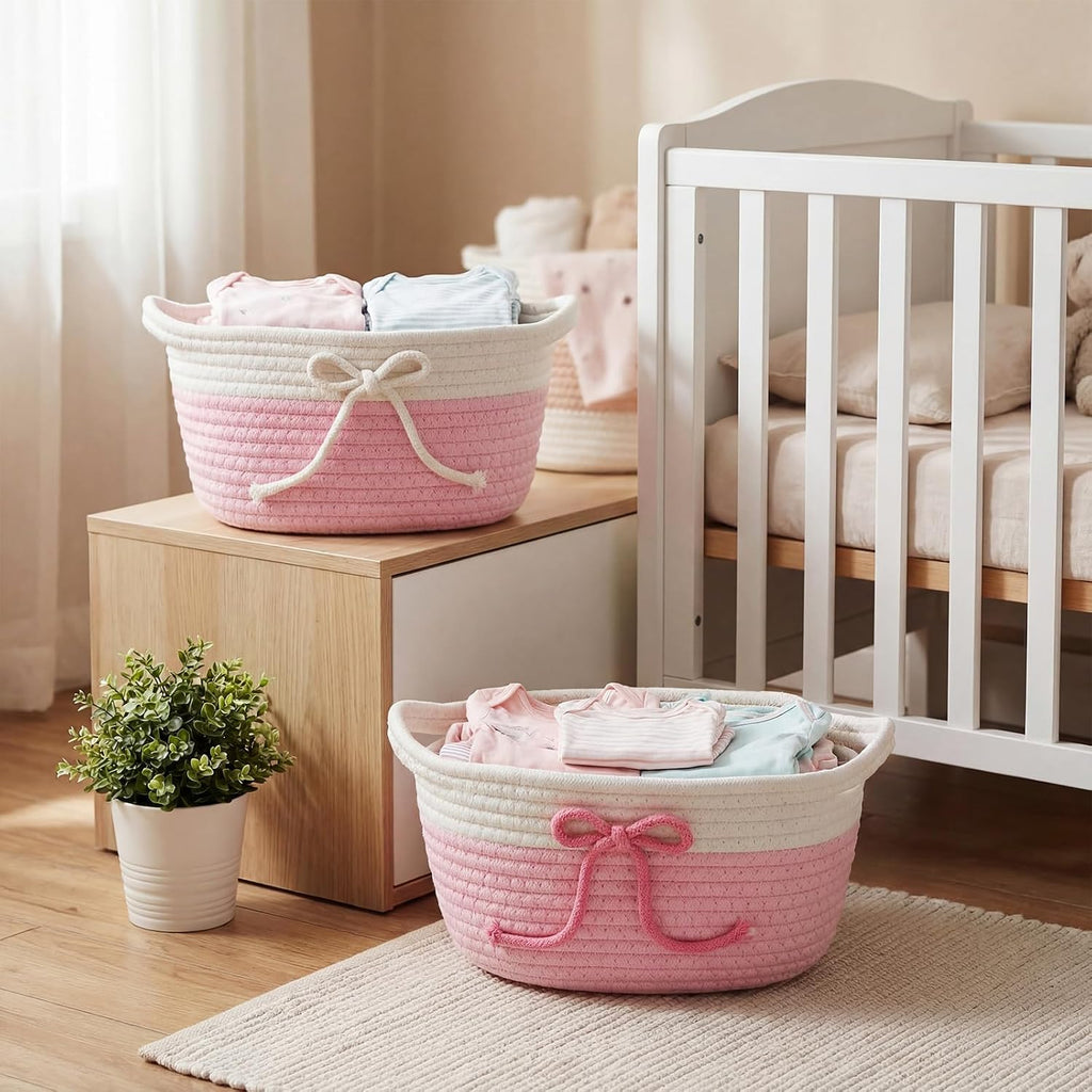 Glooglitter 2 Pcs Pink Bow Cotton Rope Baskets with Handles, Pastel Color