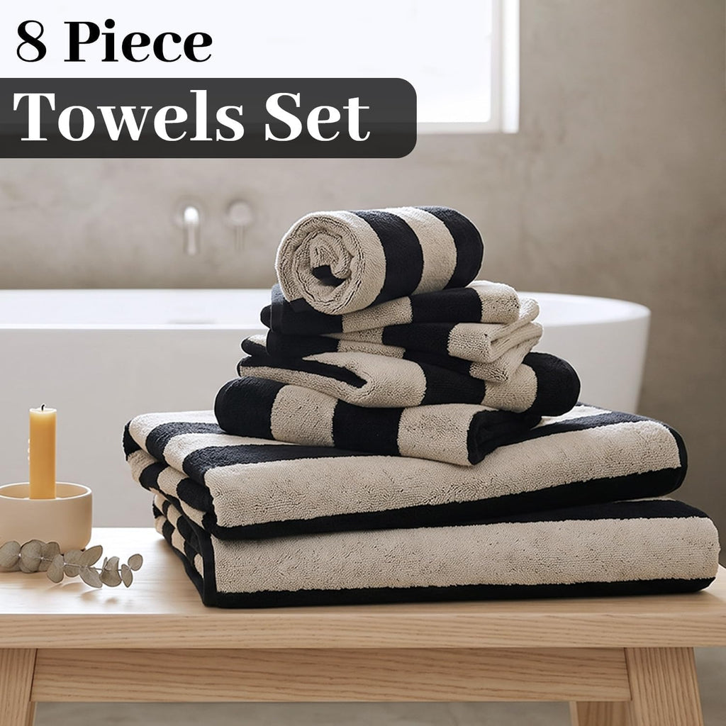 Black Striped Towels Set for Bathroom, 8 Piece Cotton Towels