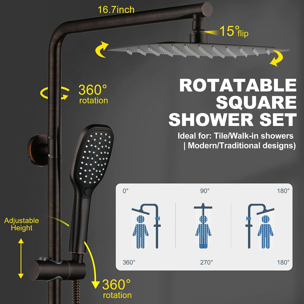 Shower Head System with Caddy Oil Rubbed Bronze Shower Kit with 12 Inch | Stainless Steel Bathroom Rain Shower Head and Handle Set Fixture, Outdoor Exposed Wall Mounted