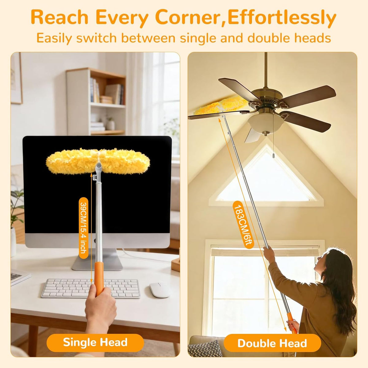 6 ft Long Handle Extendable Duster with 50 Refills for Swiffer Duster, Heavy Duty 360° Microfiber Dusting Kit for High Ceilings, Ceiling Fans, Tall Windows, and Hard-to-Reach Areas