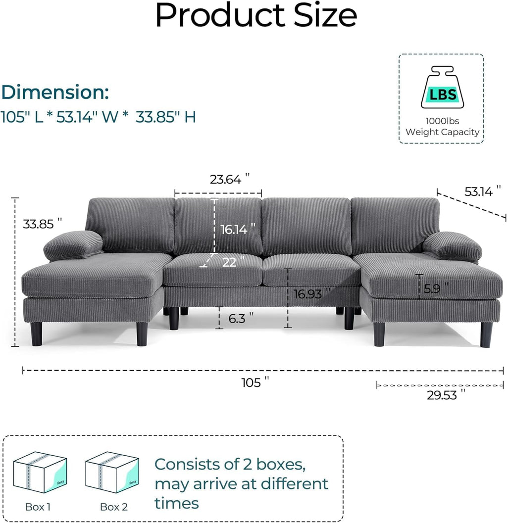 LINSY HOME Sectional Couch, 105'' W Corduroy U Shaped Sofa with Sleepable Armrests, 4 Seat Couch with Double Chaises, Deep Sofa for Living Room（Grey）