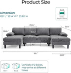 LINSY HOME Sectional Couch, 105'' W Corduroy U Shaped Sofa with Sleepable Armrests, 4 Seat Couch with Double Chaises, Deep Sofa for Living Room（Grey）