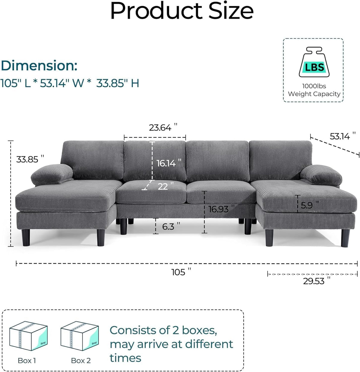 LINSY HOME Sectional Couch, 105'' W Corduroy U Shaped Sofa with Sleepable Armrests, 4 Seat Couch with Double Chaises, Deep Sofa for Living Room（Grey）