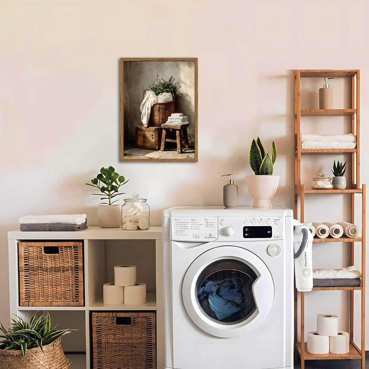 Vintage Laundry Room Wall Art Rustic Laundry Basket Bathroom Wall Decor Poster Country Farmhouse Wildflower Canvas Painting Print 12x16 inch Wood Framed
