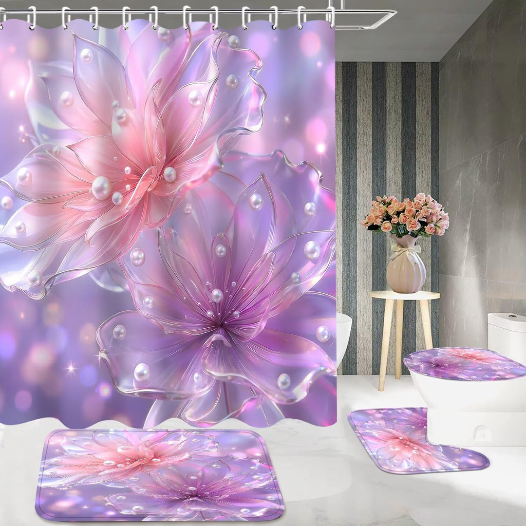DDQQ 4 Pcs Floral Bathroom Sets with Shower Curtain and Rugs, Pink and Purple Lotus Bathroom Decor Set, Pearl Shower Curtain Set with 12 Hooks