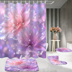 DDQQ 4 Pcs Floral Bathroom Sets with Shower Curtain and Rugs, Pink and Purple Lotus Bathroom Decor Set, Pearl Shower Curtain Set with 12 Hooks