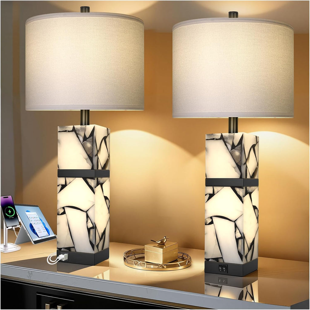Scenekoy 27" Alabaster Table Lamp Set of 2 with Night Light for Living Room