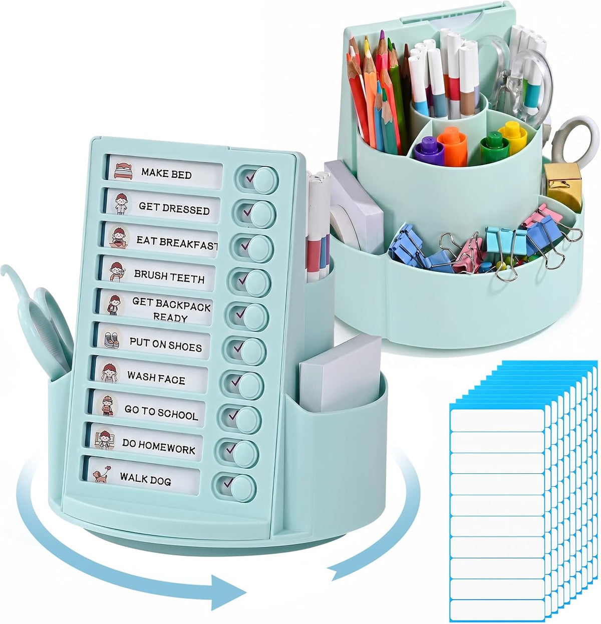 360 Rotating Pencil Holder with To Do List for Kids, Desk Organizer Checklist Routine Chart with Slider, Pen Organizer with 7 Slots Desk Organizers and Accessories for Office School Home