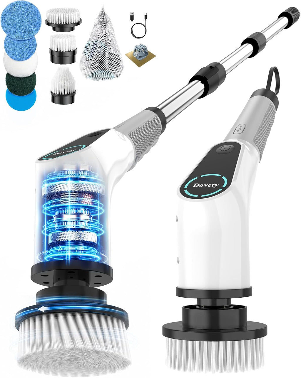Dovety Electric Spin Scrubber, Extendable Handle, 8 Brush Heads-WH