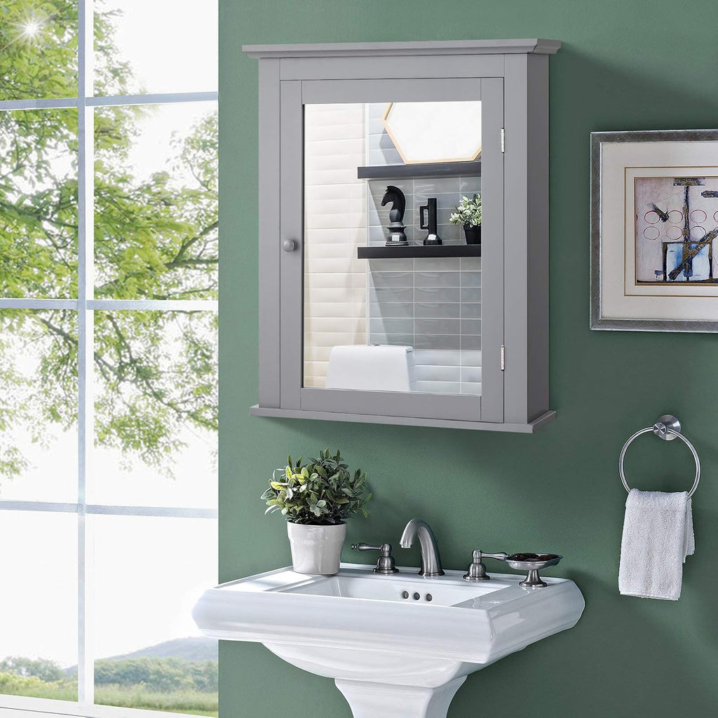 Bathroom Mirror Cabinet, Wall Mounted Cabinet with Mirror Door, Adjustable Shef, Round Knob, Space Saving Wood Medicine Cabinet for Kitchen (Grey)