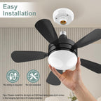 17.7" Socket Fan Light, Stepless Dimmable 3000K-6500K Small Ceiling Fans with Lights and Remote, 3000 Lumens E26/E27 Light Bulb Fan with Reversible Motor, for Bedroom Garage Kitchen Living Room
