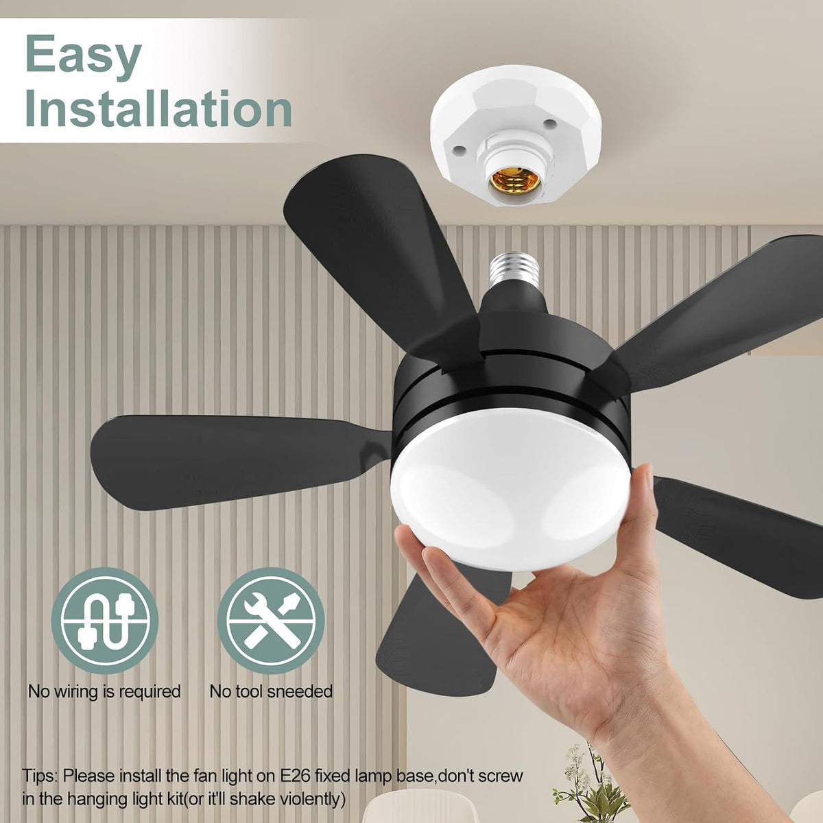 17.7" Socket Fan Light, Stepless Dimmable 3000K-6500K Small Ceiling Fans with Lights and Remote, 3000 Lumens E26/E27 Light Bulb Fan with Reversible Motor, for Bedroom Garage Kitchen Living Room