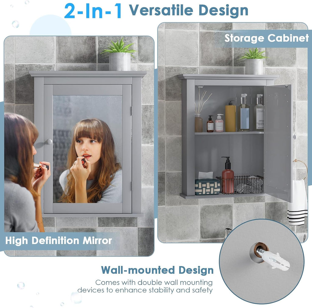 Bathroom Mirror Cabinet, Wall Mounted Cabinet with Mirror Door, Adjustable Shef, Round Knob, Space Saving Wood Medicine Cabinet for Kitchen (Grey)