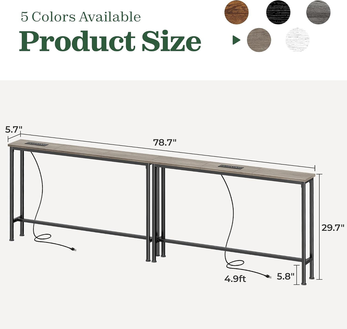 SUPERJARE 78.8 inch Narrow Behind Couch Table with 2 Charging Stations