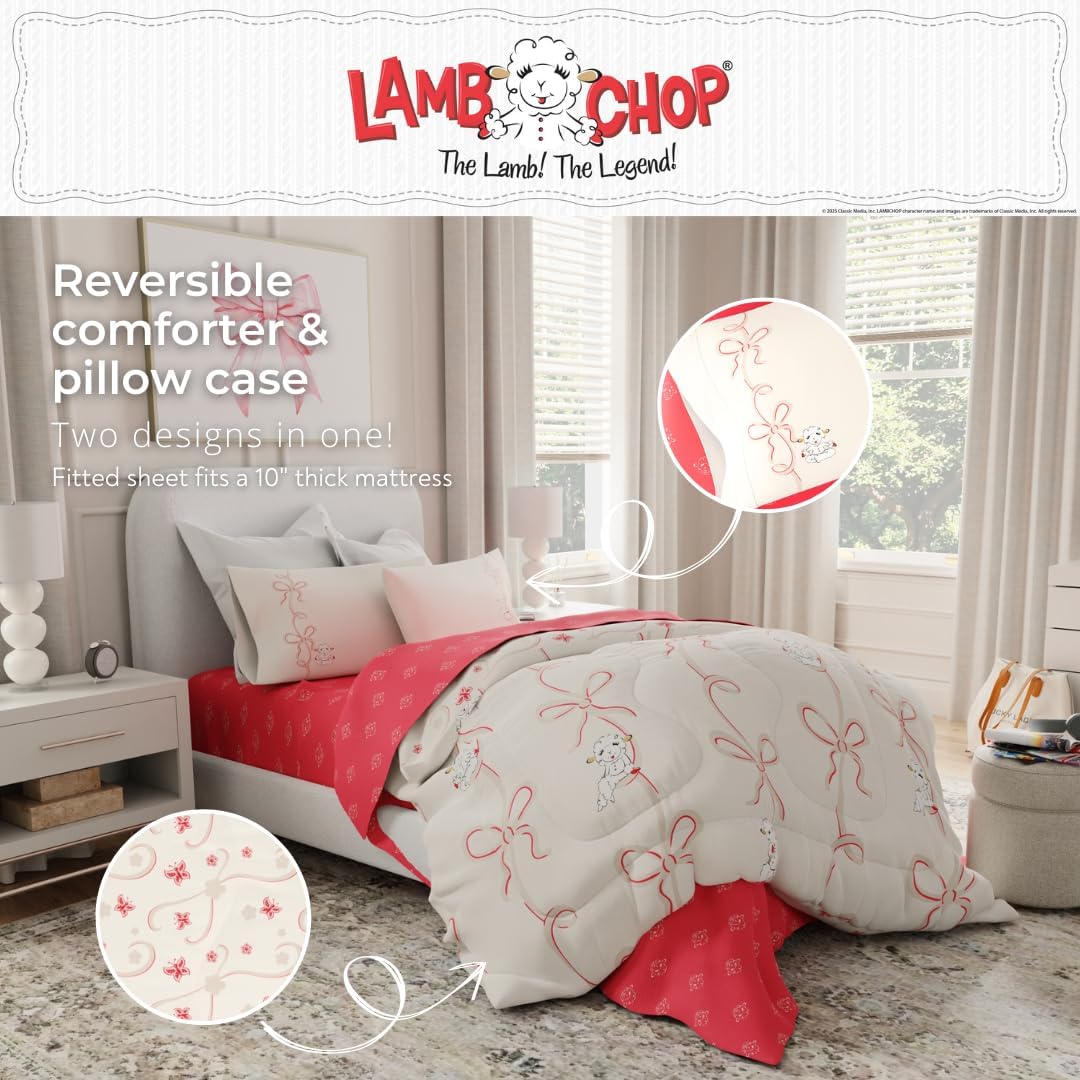 Lamb Chop Bedding Set, Twin Size 5-Piece Super Soft Fluffy Reversible Comforter & Sheet Set with Sham, (100% Officially Licensed Product) by Franco Collectibles