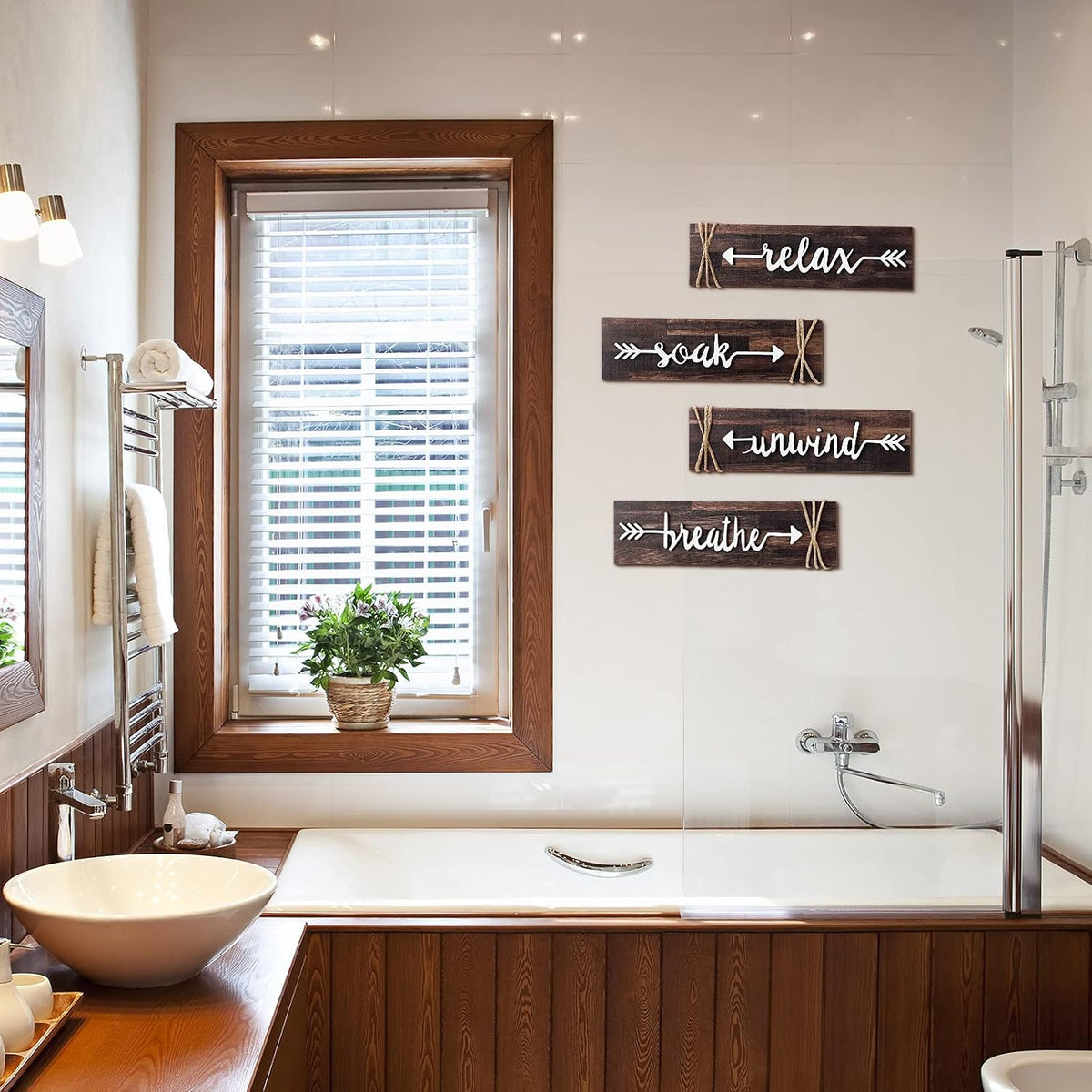 Jetec 4 Pieces Farmhouse Bathroom Decor Wall Art Soak Relax Unwind Breathe Wooden Signs with Arrow Rustic Vintage Country Bathroom Decor for Home Laundry Room(Brown)