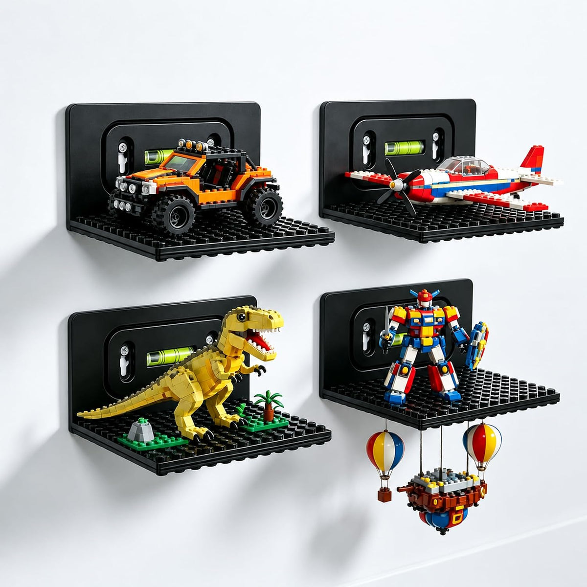 12 PCS Building Blocks Display Shelf Wall Mounted with Built-in Bubble Level, Floating Model Display Stand for Minifigures & Brick Sets, Wall Shelf Organizer for Room Decor & Storage