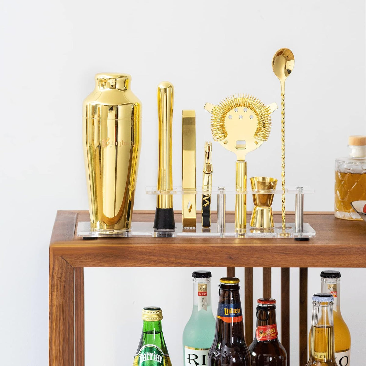 Cocktail Shaker Set with Arcylic Stand, Mixology Bartender Kit for Drink Mixing | Mixology Set with 7 Bar Set Tools Cocktail Kit (Gold)