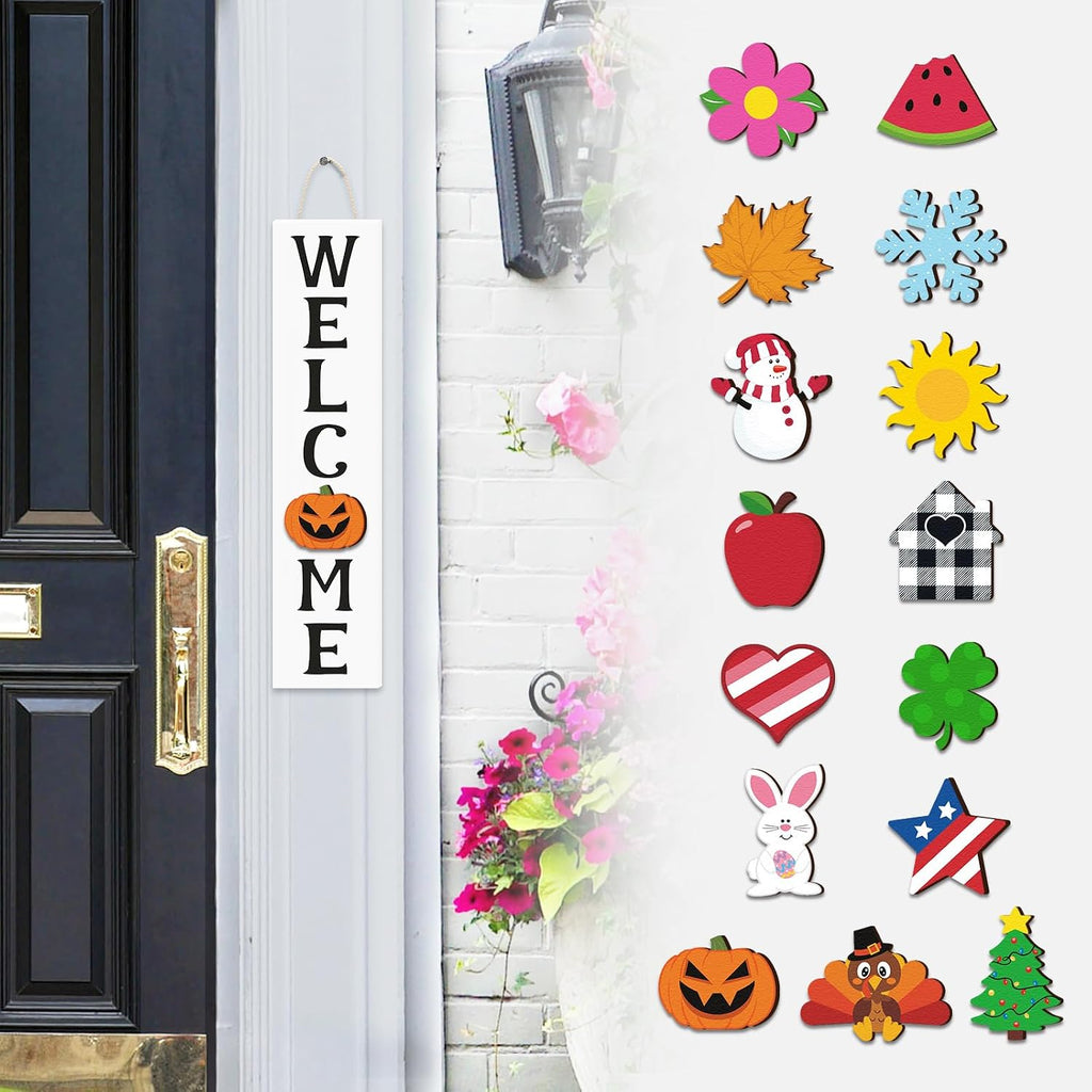 Interchangeable Mini Welcome Vertical Door Sign Wooden Indoor Outdoor Hanger with 15 Pcs Seasonal Replaceable Ornaments Rustic Farmhouse Porch Sign Home Decoration Ideas Halloween Decor White