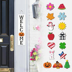 Interchangeable Mini Welcome Vertical Door Sign Wooden Indoor Outdoor Hanger with 15 Pcs Seasonal Replaceable Ornaments Rustic Farmhouse Porch Sign Home Decoration Ideas Halloween Decor White