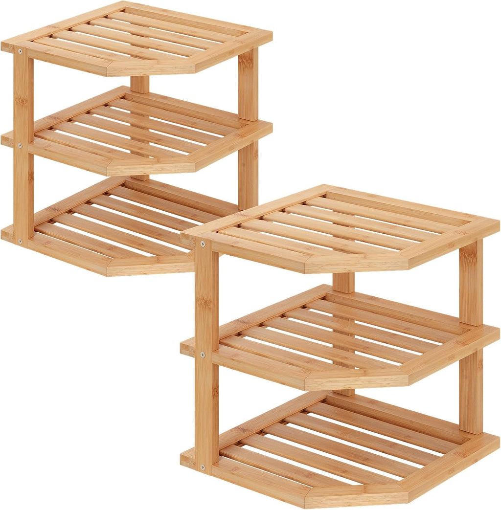 VERTORGAN 3 Tier Bamboo Dish Drying Rack,Corner Shelf 2 Pack(Natural)