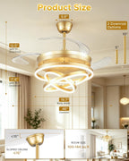 48 Inch Retractable Ceiling Fan with Lights, Gold Fandelier Chandelier Fan with Remote, 6-Speed Silent DC Motor, 3000K-6500K Dimmable LED Light, Modern Ceiling Fan for Bedroom Living Room Dining Room