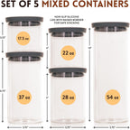 Glass Kitchen Storage Containers with Airtight Silicone Lids, BPA-Free Pantry Glass Jars with Airtight Lid for Pantry Meal Prep, Pasta and Food – Set of 5 with Portion Tool