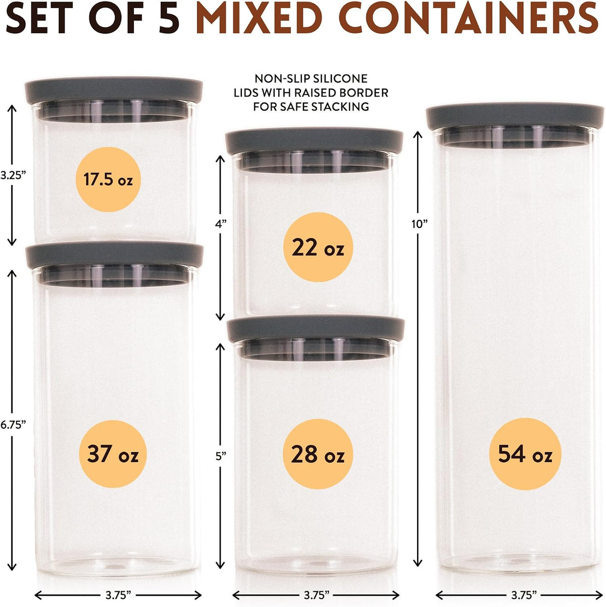 Glass Kitchen Storage Containers with Airtight Silicone Lids, BPA-Free Pantry Glass Jars with Airtight Lid for Pantry Meal Prep, Pasta and Food – Set of 5 with Portion Tool