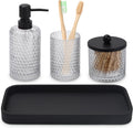 Bathroom Accessory Set,4 Pcs Clear Glass Bathroom Accessories Set-Lotion Soap Dispenser,Toothbrush Holder,Qtip Holder Dispenser & Resin Vanity Tray,Countertop Vanity Organizer,Crystal Clear