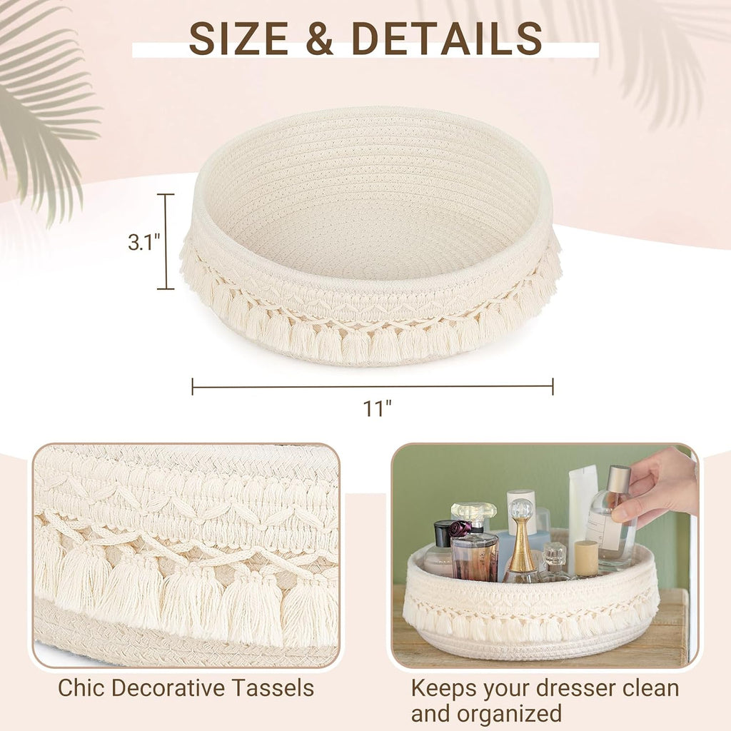 Mkono Makeup Perfume Organizer, Boho Decor Macrame Storage Basket, Ivory