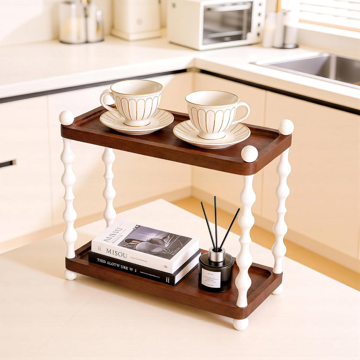 2-Tier Bathroom Counter Organizer, Retro Wood Shelf, Walnut Color