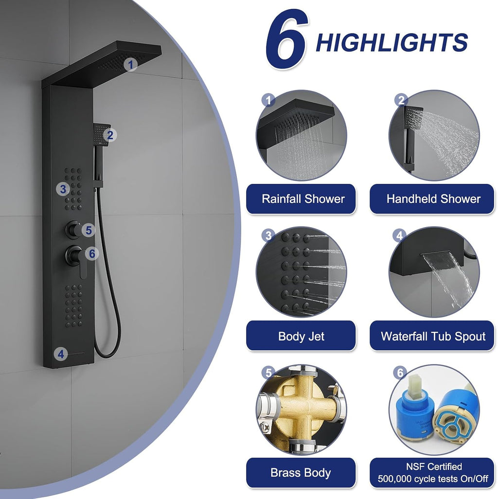 ROVATE 4 in 1 Shower Panel Tower with Powerful Body Jets, Matte Black
