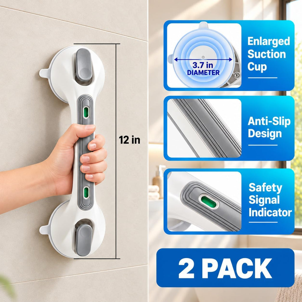 Shower Grab Bars for Seniors, Updated 12" Shower Suction Handles, 2 Pack