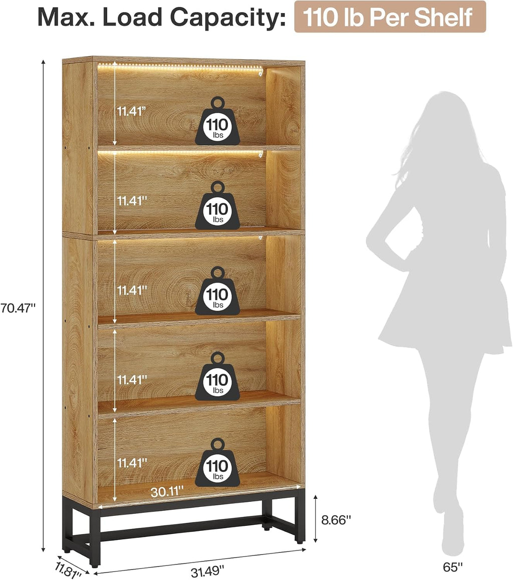 Tribesigns Tall Bookcase and Bookshelf, 70.8" Large Bookcases Organizer with LED Lights, Heavy Duty Free-Standing Library Bookshelf with 5-Tier Storage Shelves for Living Room, Bedroom (Brown)