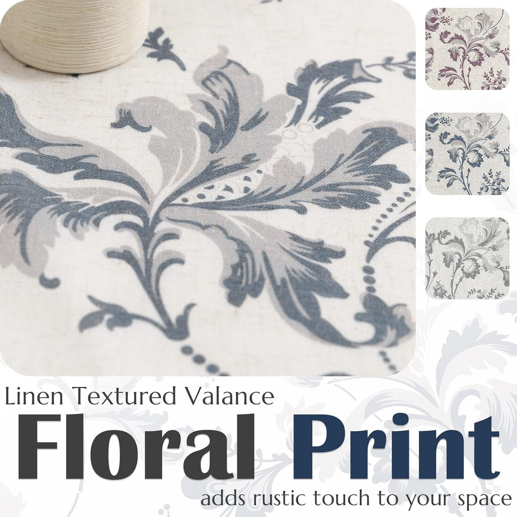 jinchan Floral Linen Cottage Kitchen Valance Curtain, 50x16, 1 Panel, Blue