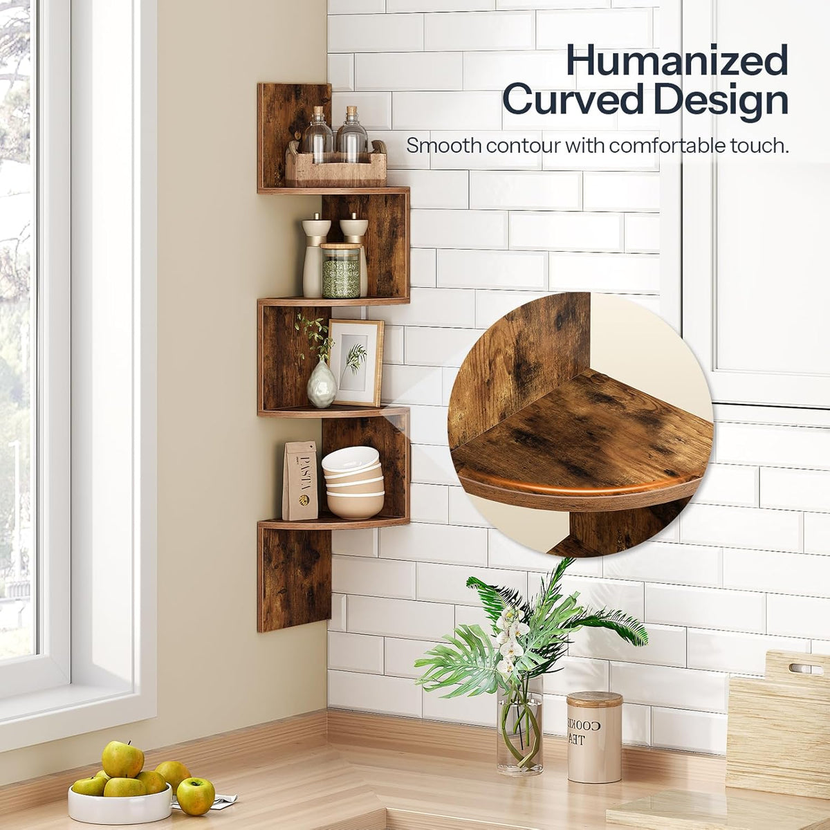 HOOBRO Corner Shelf Wall-Mounted, Set of 2 Floating Corner Shelves for Wall, 4-Tier Corner Bookshelves Floating Shelf for Wall Corner Shelves for Living Room Bedroom Bathroom Home Office Rustic Brown