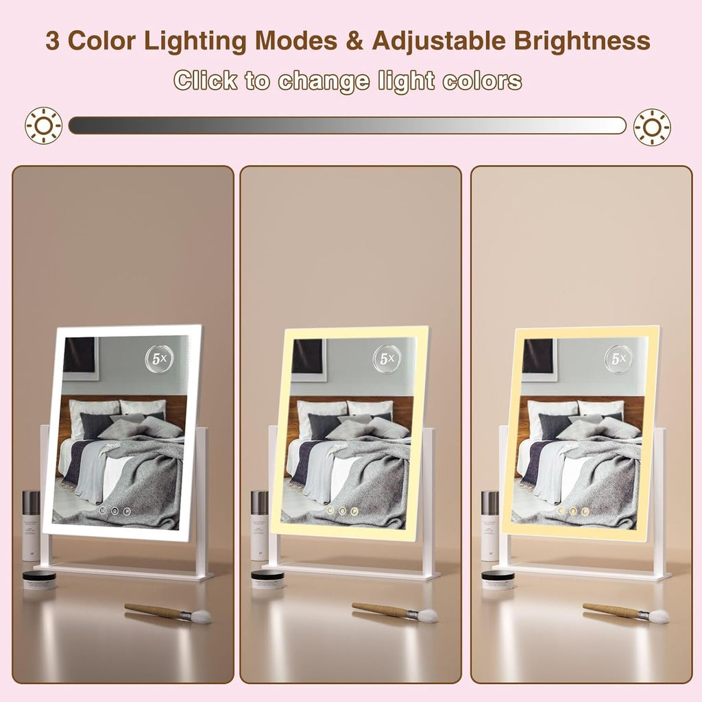 ViKert Vanity Mirror with Lights,Makeup Mirror with 5X Magnification Mirror, Light up Desk Mirror, Led Mirror for Desks, Makeup Vanity Mirror, 3 Color, Touch Control