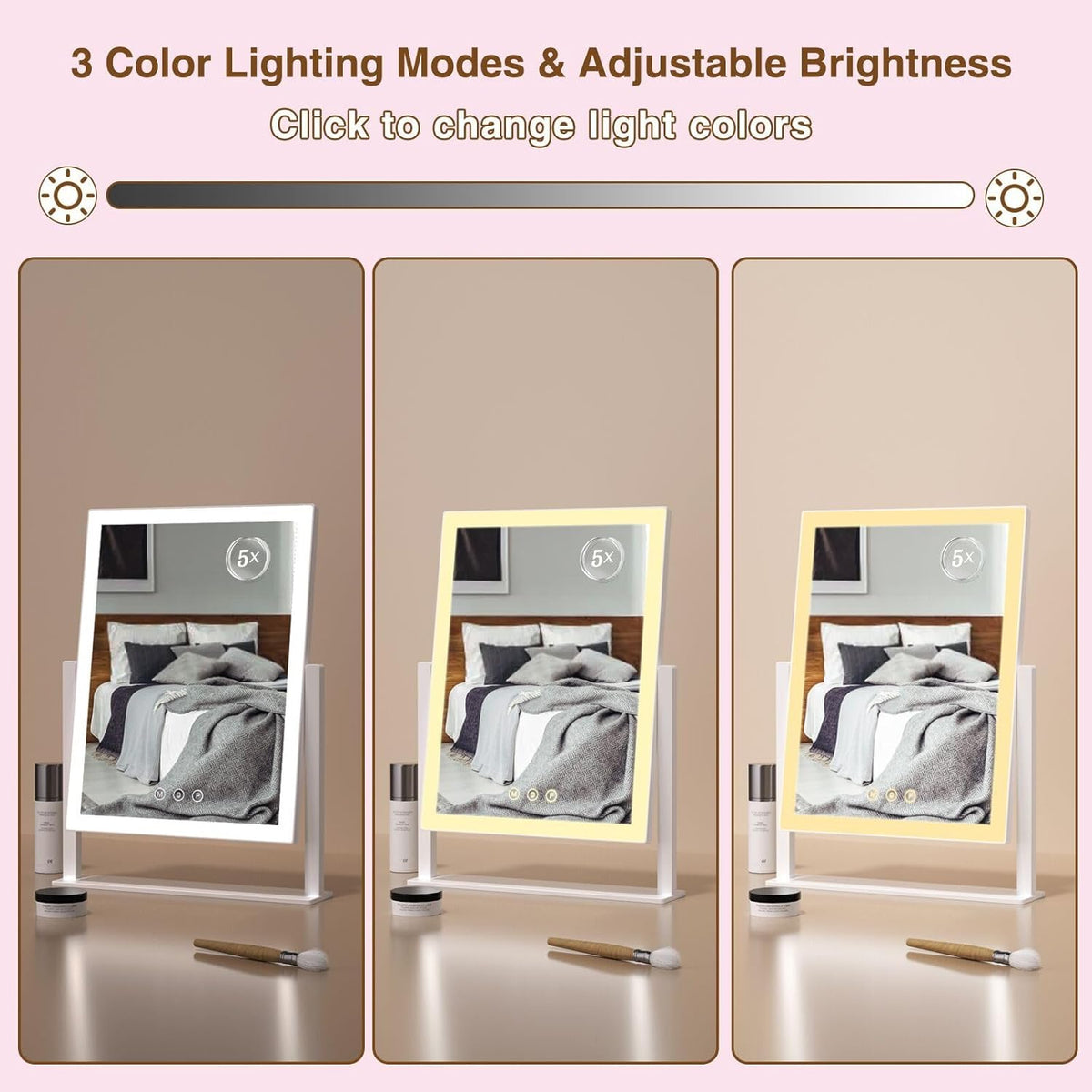 ViKert Vanity Mirror with Lights,Makeup Mirror with 5X Magnification Mirror, Light up Desk Mirror, Led Mirror for Desks, Makeup Vanity Mirror, 3 Color, Touch Control