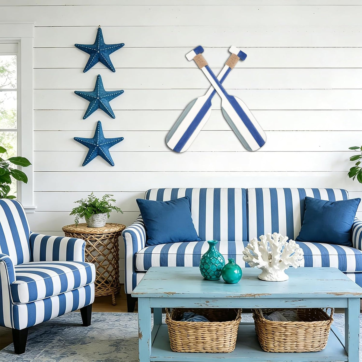 Meching 2 Pack 19.7 Inch Nautical Wooden Double Oar Decor with Rope Nautical Oar Paddles Wall Decor Door Hanging Ornament Beach Theme Home Decoration（Vintage blue）