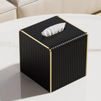 Tissue Box Cover,Black Square Luxury PU Leather Tissue Holder with Gold-Tone Edging Accents,Tissue Box Cover for Bathroom Toilet Bedroom Living Room Table Desk Office,Coffee Table Decor