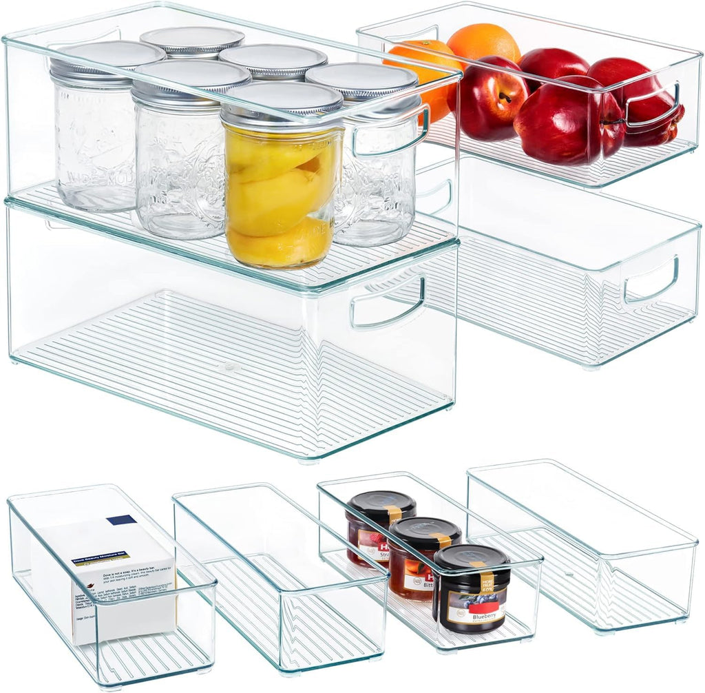 8 PACK Stackable Pantry Organizer Bins (3 Size) - Clear Fridge Organizer for Kitchen, Freezer, Refrigerator, Cabinet - Plastic Storage Container with Handle for Home