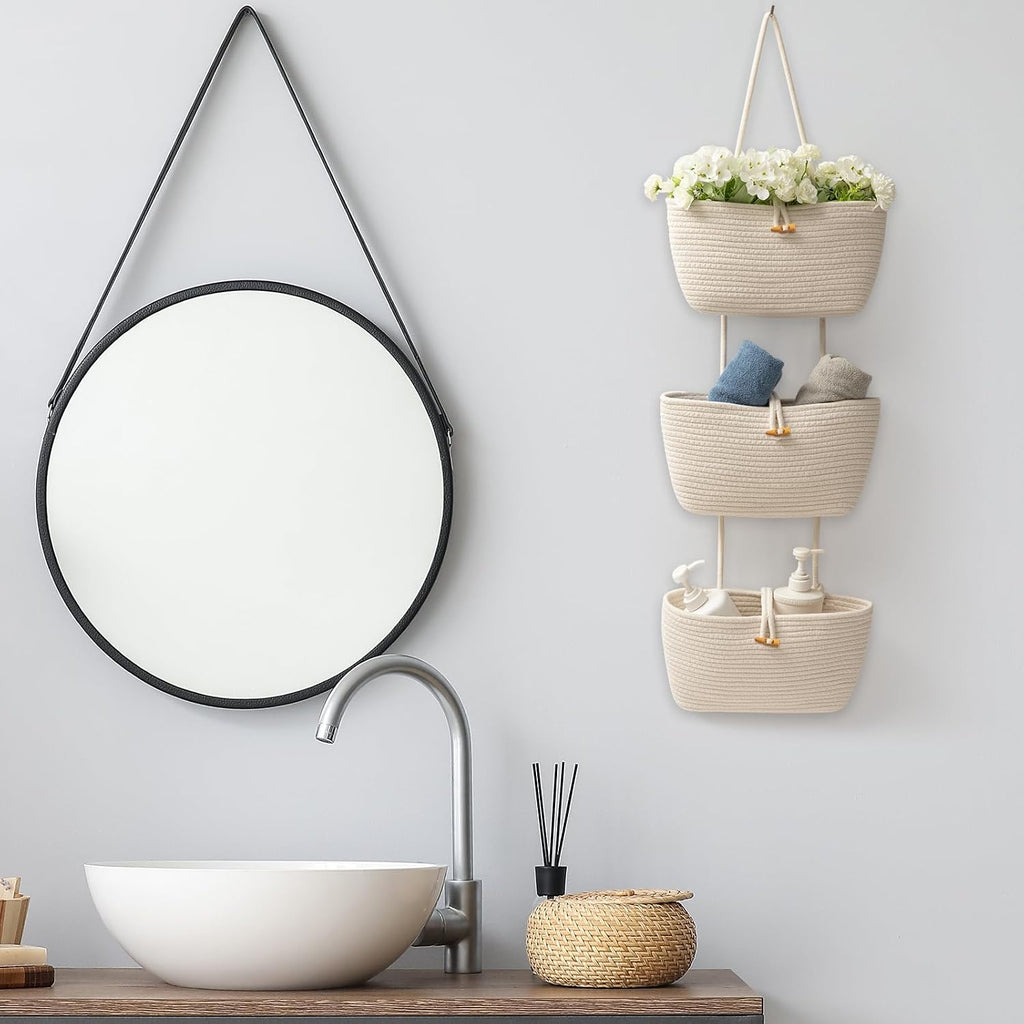 Over the Door Hanging Baskets with Button Strap, 3-Tier Woven Cotton Storage Organizer Bag, Wall-Mounted with Hook Decorative Hanging Kitchen Baskets - White